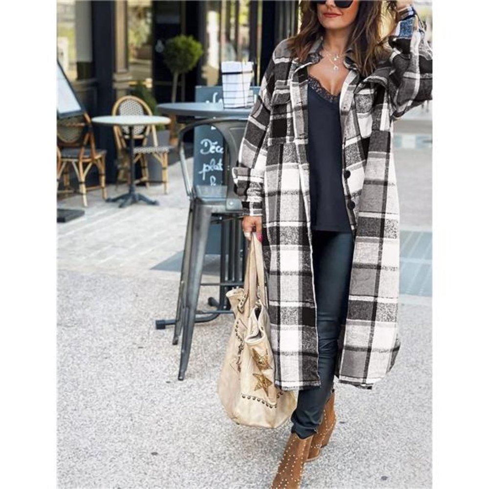 Black Plaid‎ Print Oversized Button Down Long Midi Trench Flannel Jacket Coat - Picture 2 of 6
